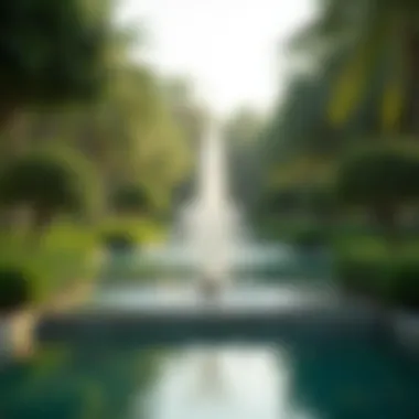 Serene Water Feature Amidst Lush Greenery A serene water feature surrounded by lush greenery in Al Barari