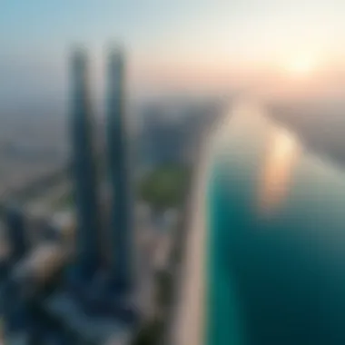 Aerial view showcasing Dubai's twin towers amidst the skyline.