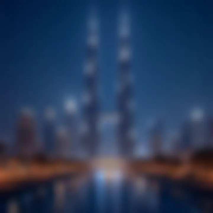 The twin towers illuminated at night, enhancing Dubai's skyline.