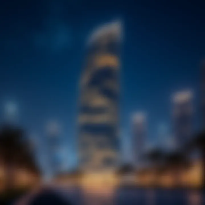 Night view of Burj Plaza illuminated against the skyline