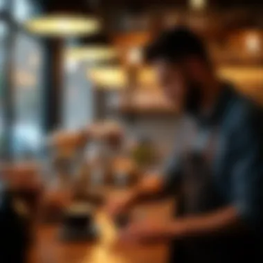 Artisan Coffee Crafting in a Dubai Cafe A barista crafting a specialty coffee drink in a bustling cafe.