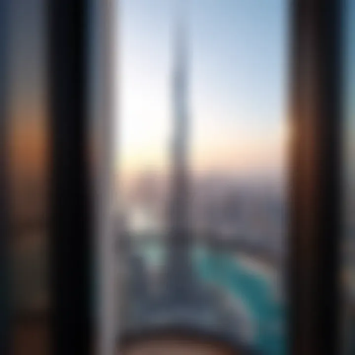 View from a balcony in Burj Khalifa overlooking the Dubai skyline