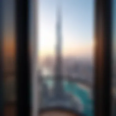 Stunning Balcony View from Burj Khalifa View from a balcony in Burj Khalifa overlooking the Dubai skyline