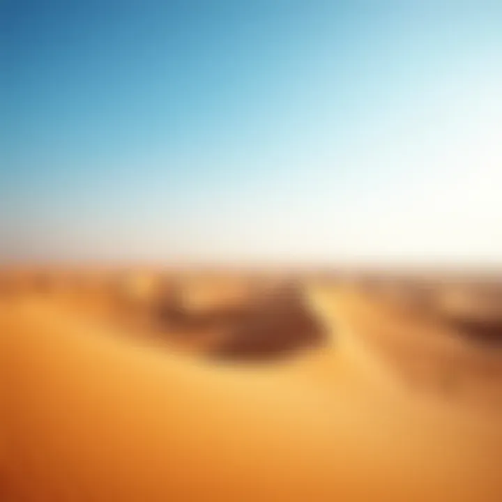 A breathtaking view of the desert landscape surrounding Dubai, showcasing golden sand dunes under a clear blue sky