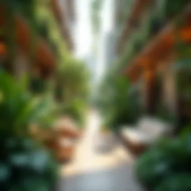 Urban Space with a Hanging Garden A vibrant urban space featuring a beautifully designed hanging garden