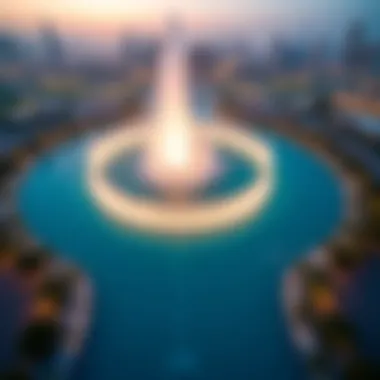 Stunning Aerial Perspective of the Fountain Area Aerial view of the Burj Khalifa Fountain and surroundings