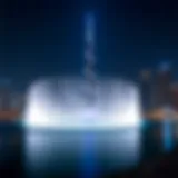 Illuminated Burj Khalifa Fountain at night