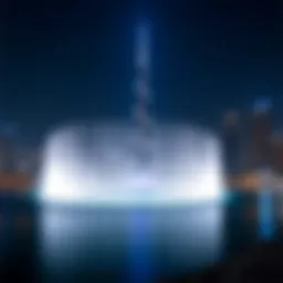 Illuminated Burj Khalifa Fountain at night