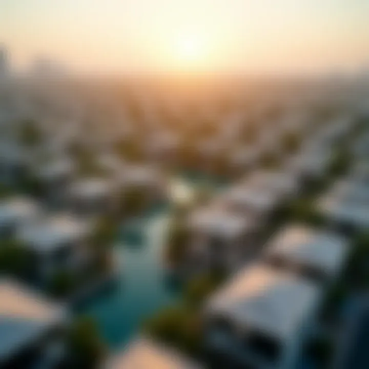 An aerial view of Dubai highlighting various residential areas and developments